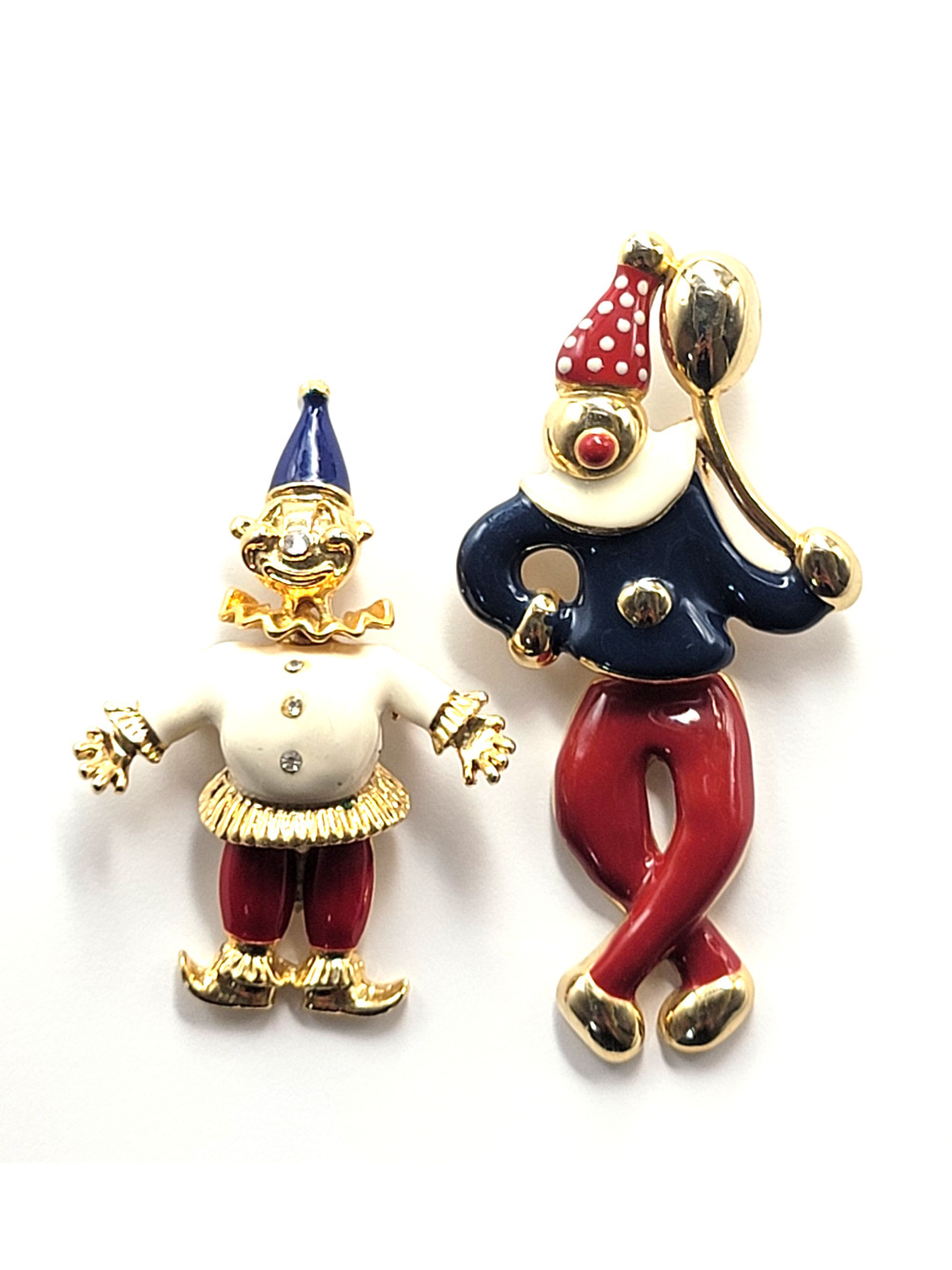 Vintage Clown Brooch Pair Enamel Figural Red Blue Circus Jewelry